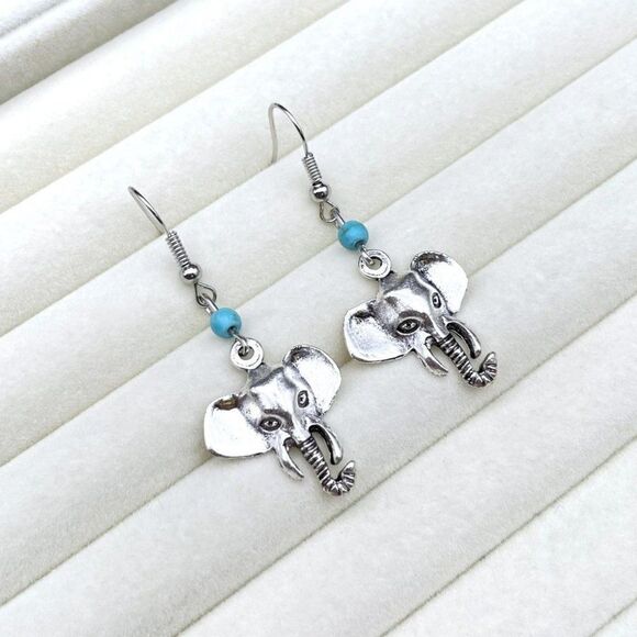 Silver Lucky Elephant and Blue Turquoise Beaded Boho Dangling Drop Hook Earrings - Picture 5 of 8